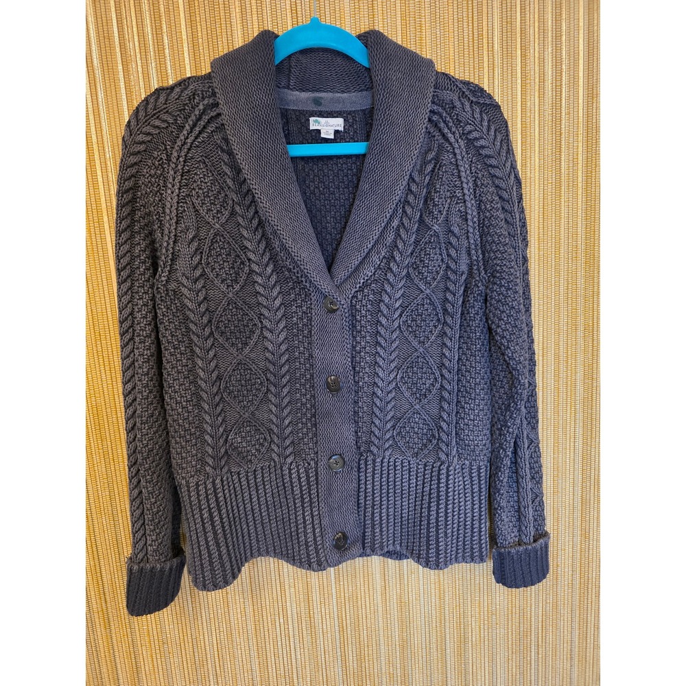 LL Bean Signature Shawl Collar Cardigan Sweater Gray Cable Knit Cotton Mens M